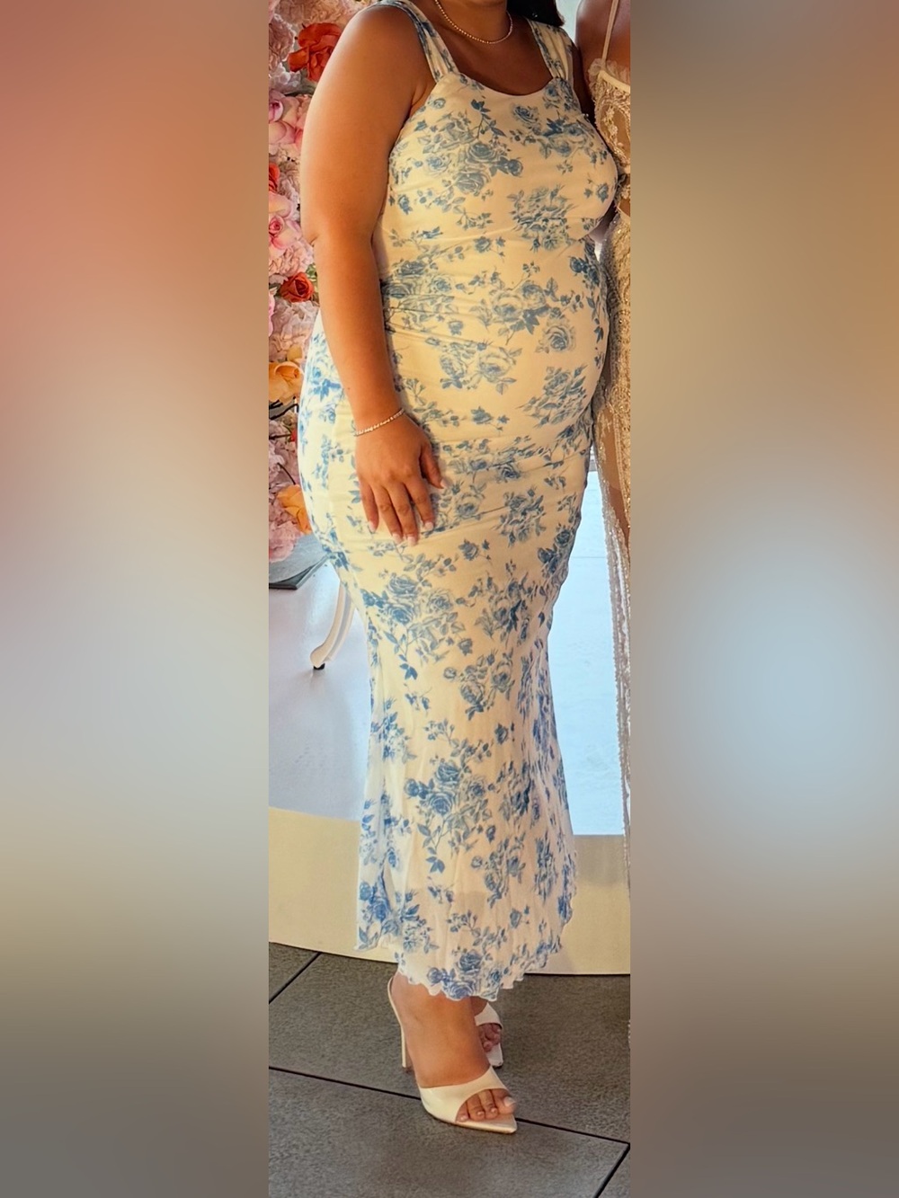 SHEIN White Maxi Slip Dress with Blue Floral Print